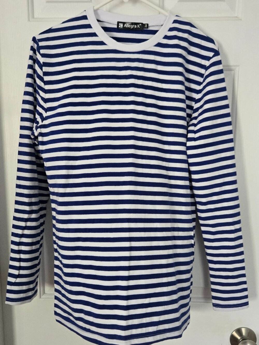 ALLEGRA K BLUE & WHITE STRIPED LONG SLEEVE PULL OVER SHIRT SIZE 34